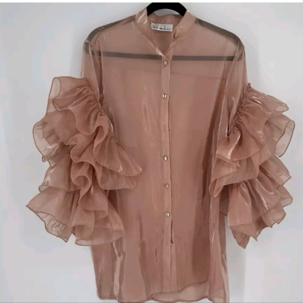 Kate Newko shirt top womens large L pink sheer drama ruffle top feminine party